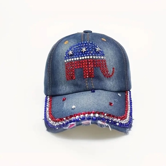 🇺🇸Stylish Blingy Slightly Distressed Rhinestone Republican Elephant Denim Cap! - Picture 3 of 6